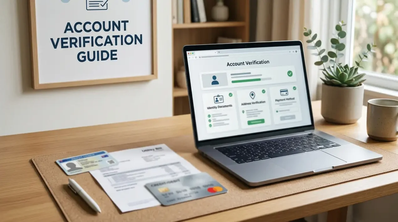 A neutral account verification workspace with abstract identity, address and payment-document cards beside a secure review checklist