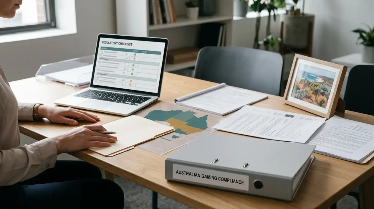 A neutral desk scene with an Australian map outline, legal documents and a laptop showing an abstract compliance interface