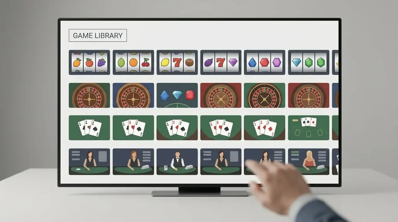 A neutral digital casino library with rows of abstract slot, table-game and live-dealer tiles on a modern screen