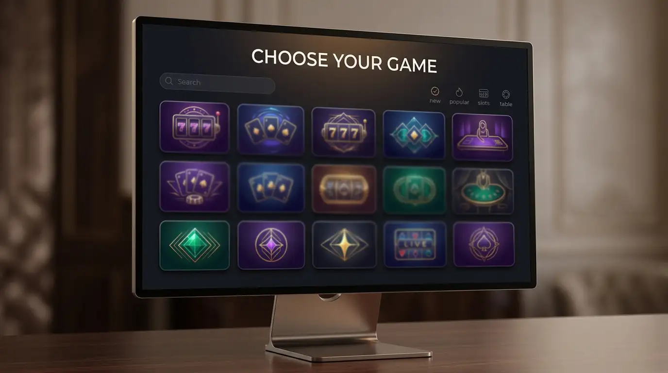 A dark casino game library with rows of abstract slot and live-table tiles on a desktop screen