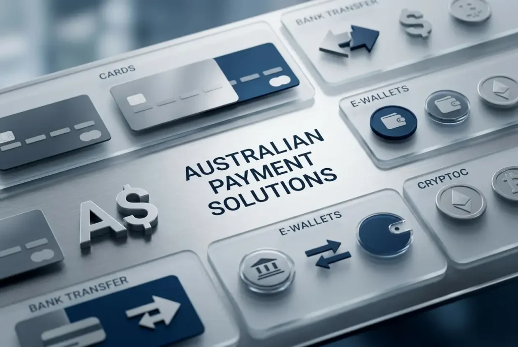 A neutral digital cashier scene with Australian-dollar amounts, card shapes, bank transfer symbols and cryptocurrency icons without brand logos