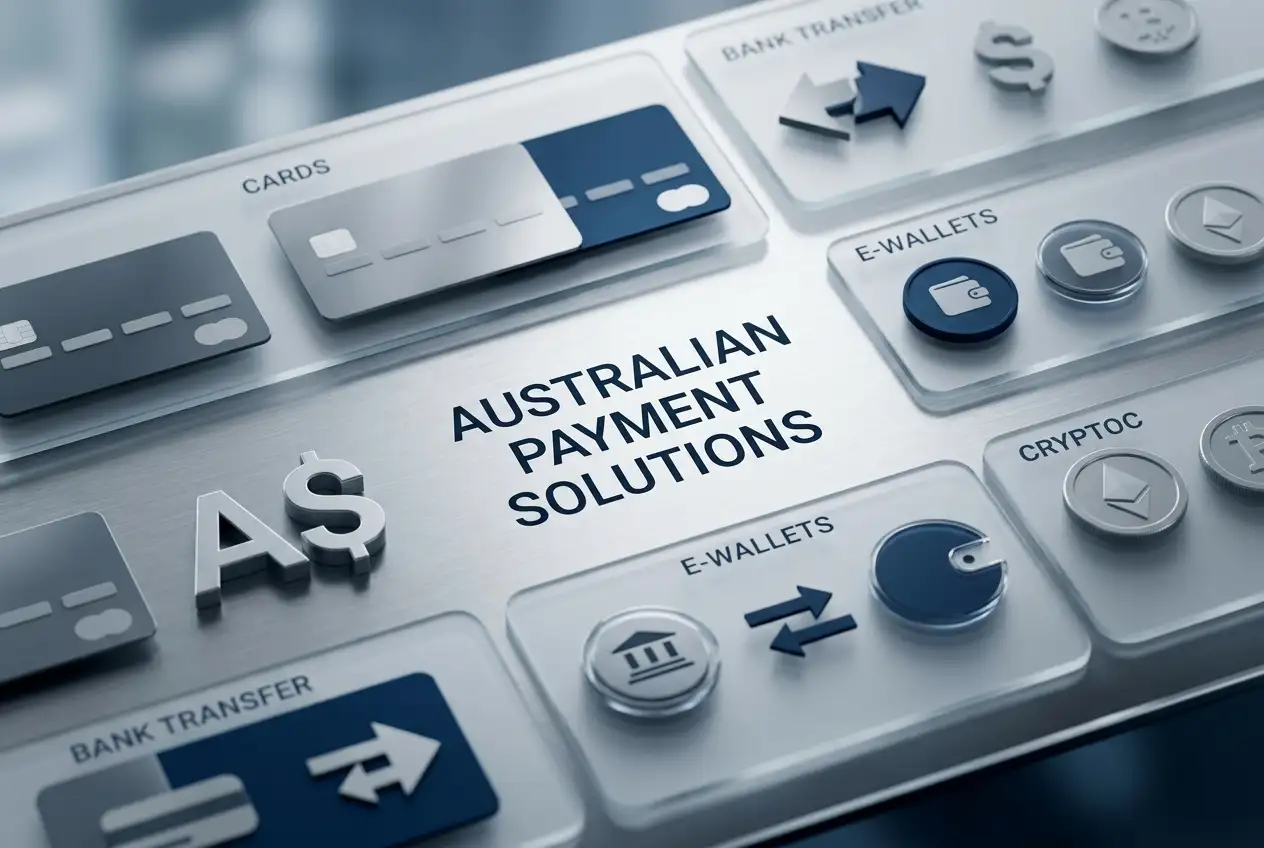 A neutral digital cashier scene with Australian-dollar amounts, card shapes, bank transfer symbols and cryptocurrency icons without brand logos