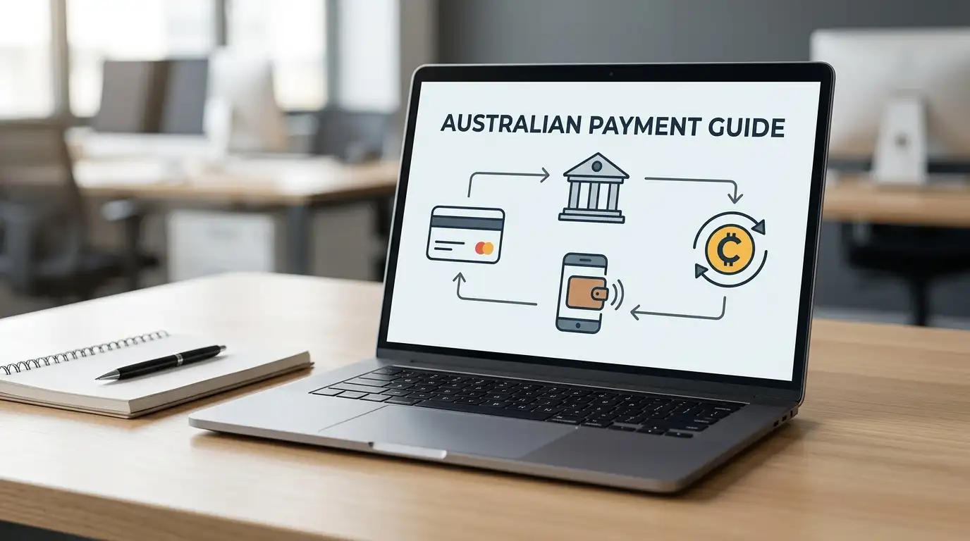 A neutral payment dashboard with card, bank, wallet and cryptocurrency symbols arranged around a transaction flow