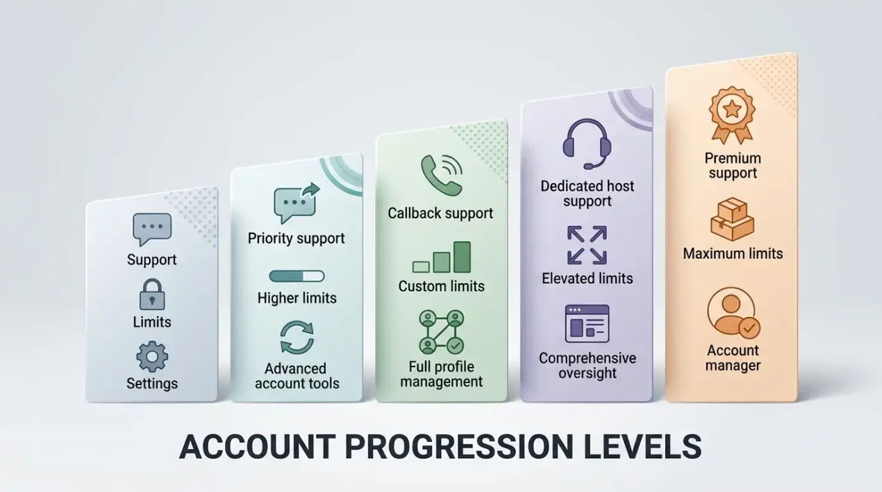 A neutral five-step account tier progression with simple abstract benefit icons and increasing cashout-limit markers