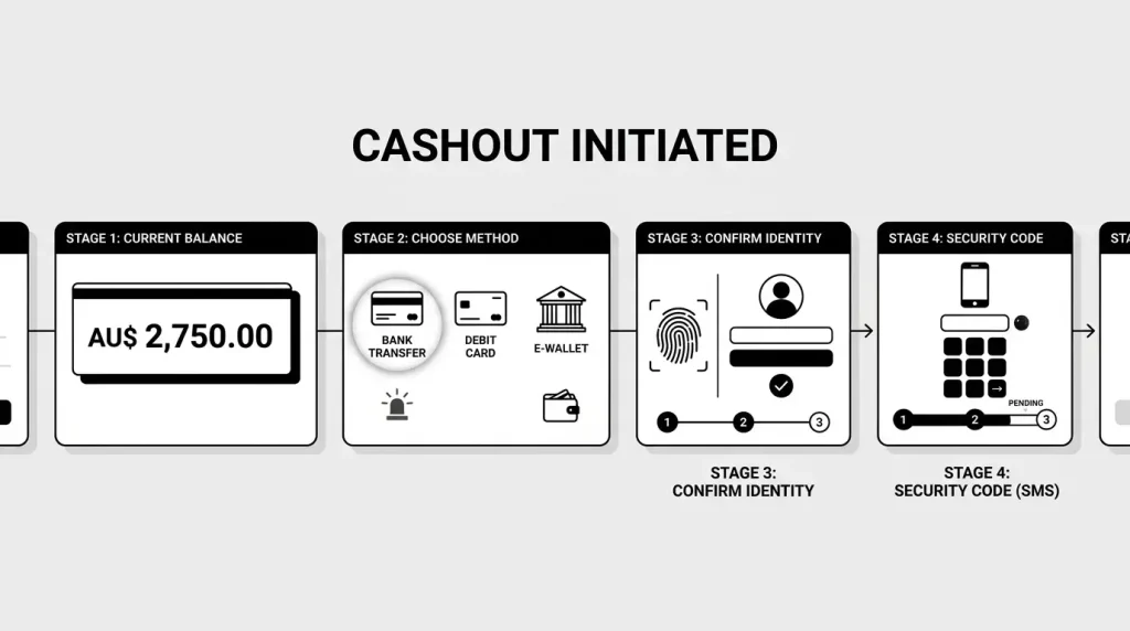 A neutral cashout workflow showing an Australian-dollar balance, payment-method choices and staged verification steps on an abstract interface